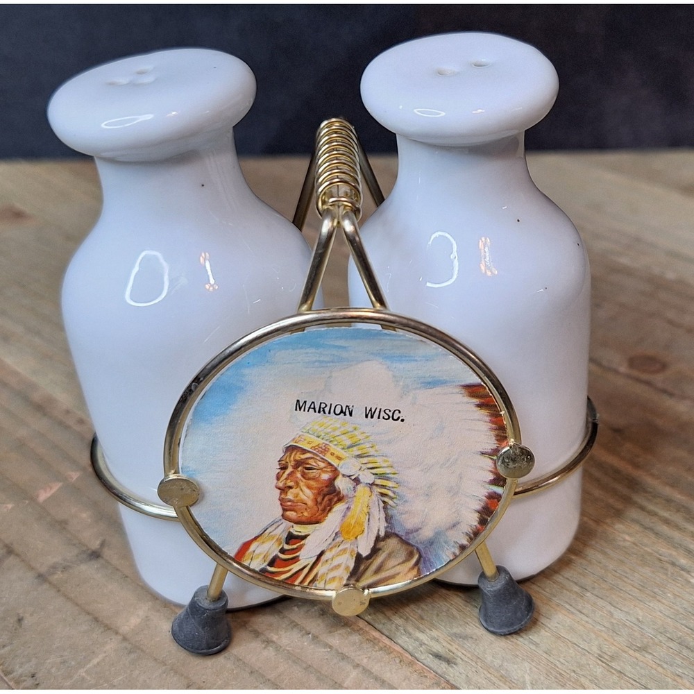 Vintage Marion Wisconsin Souvenir Salt and Pepper Shakers with Wire Caddy Chief